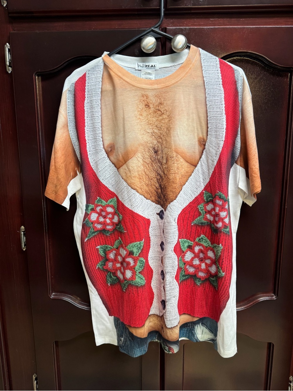 Novelty Short-Sleeve Tee with Red Floral Cardigan Print